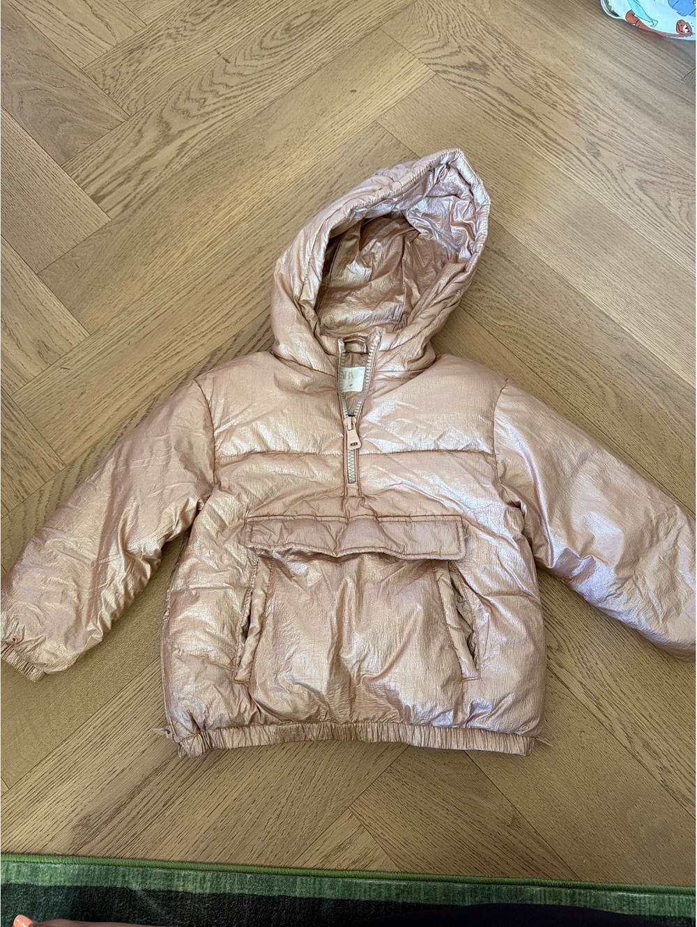 Zara Girls Size 7 122 Metallic Rose Gold Hooded Puffer Anorak Jacket